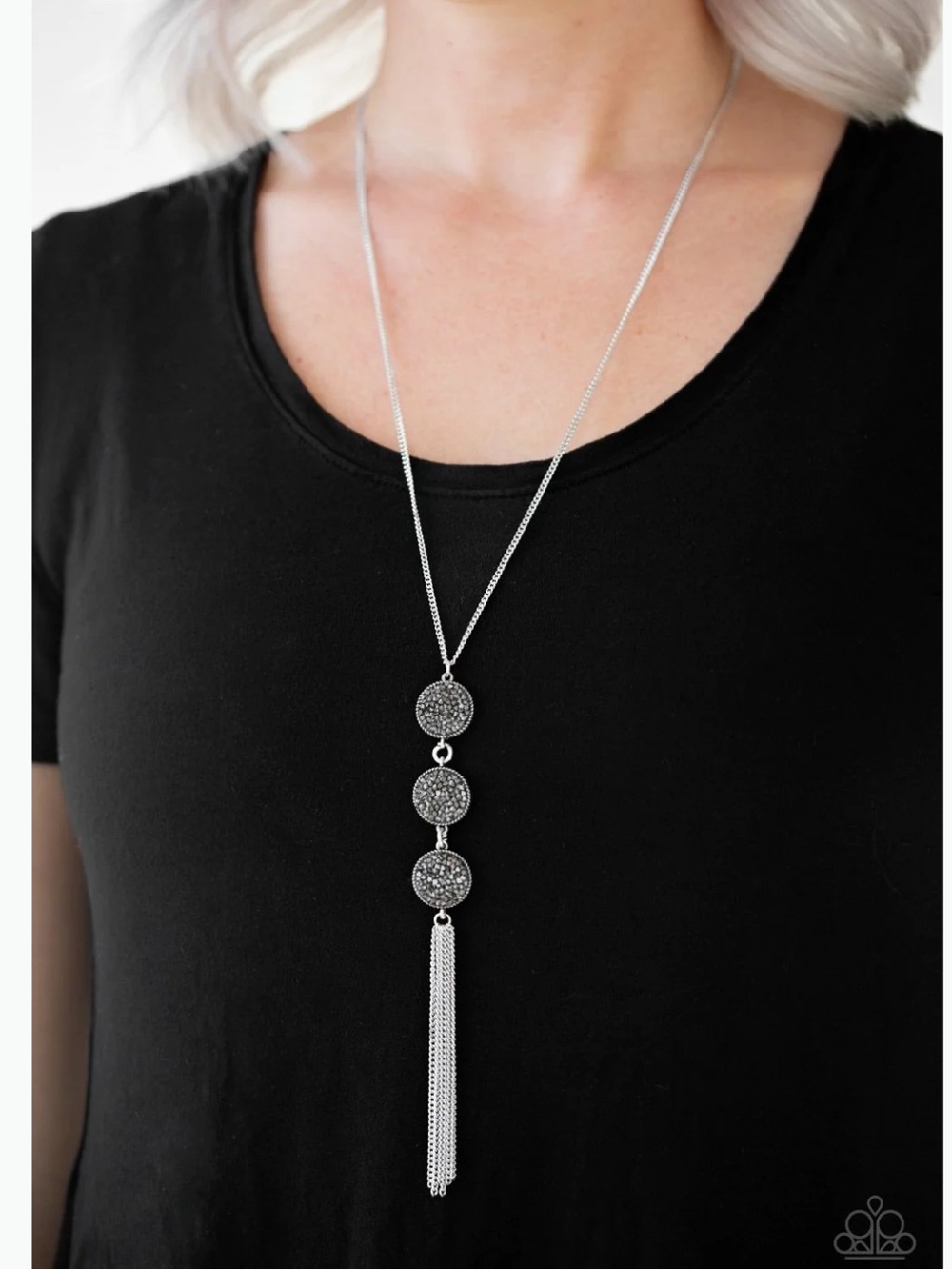 New! Triple Shimmer Silver Triple Disk Tassel Long Necklace Earrings Set Boho